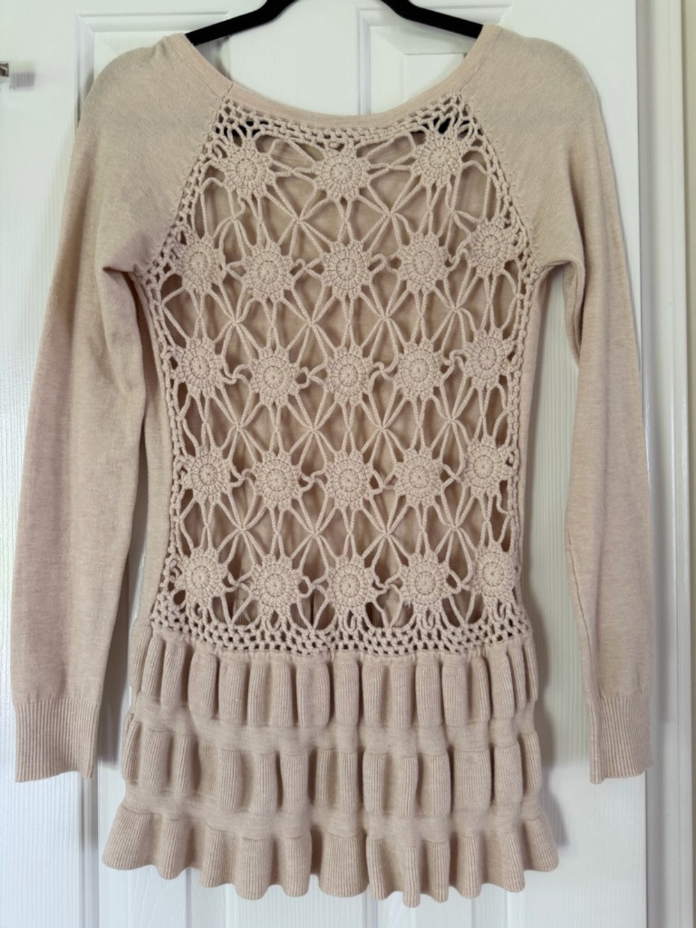 Sioni Women’s Wool-Blend Lightweight Sweater Ivory Crochet Back Tiered Ruffles S